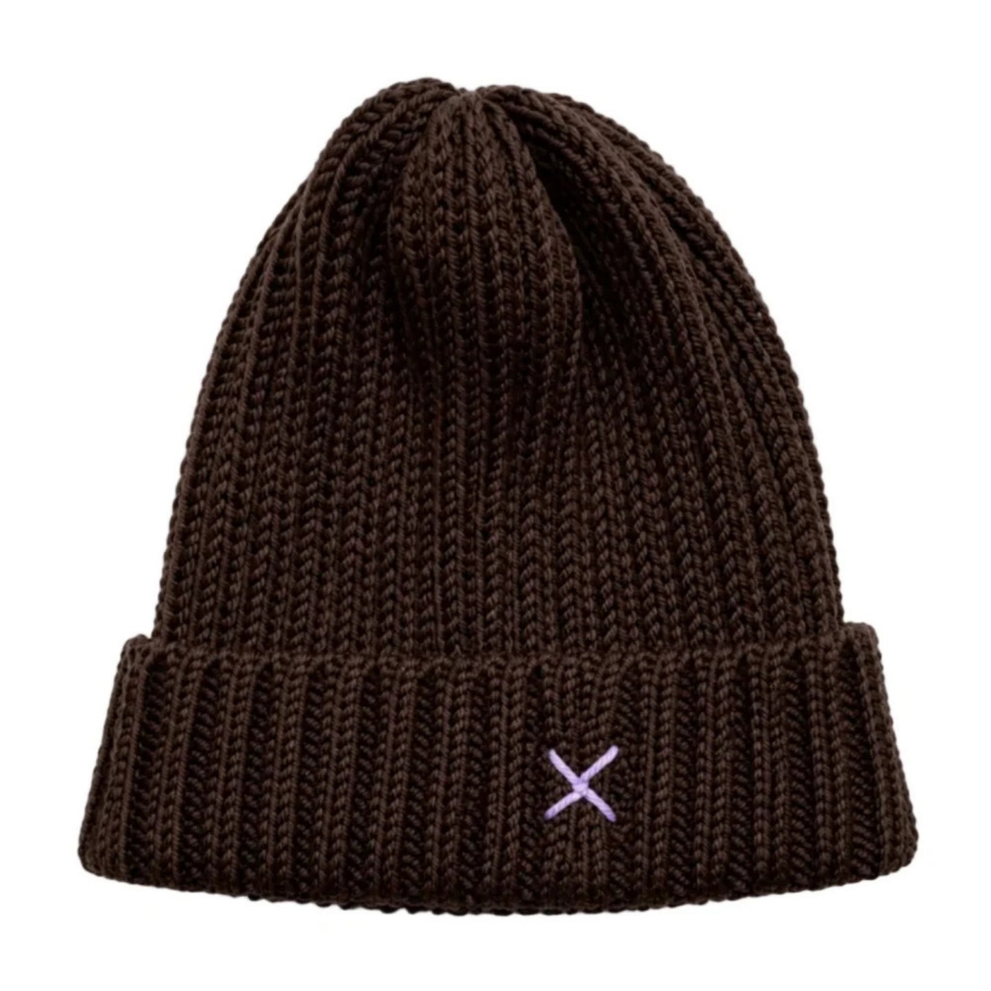 A dark brown ribbed knit beanie hat with a small light purple embroidered 'X' logo on the front cuff.
