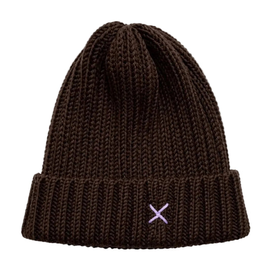 A dark brown ribbed knit beanie hat with a small light purple embroidered 'X' logo on the front cuff.
