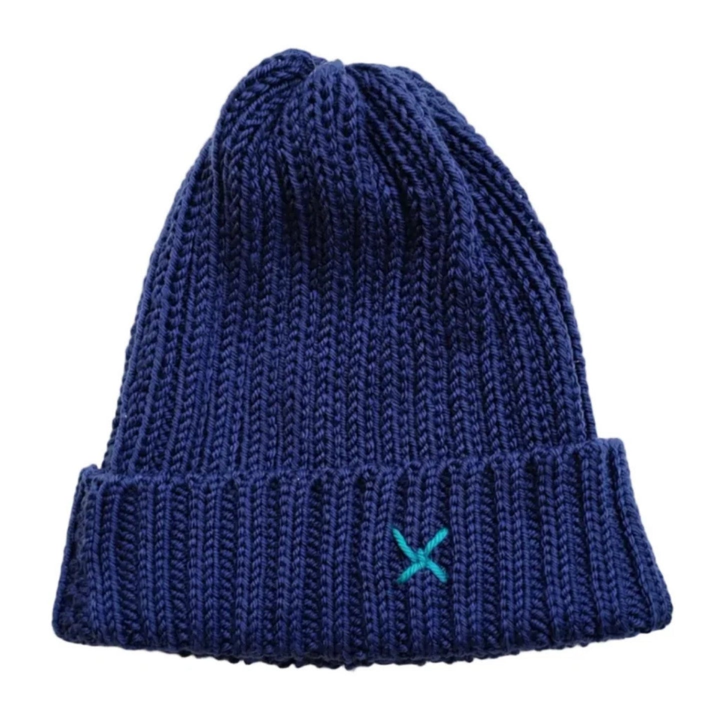 A navy blue ribbed knit beanie hat with a small turquoise embroidered 'X' logo on the front cuff.