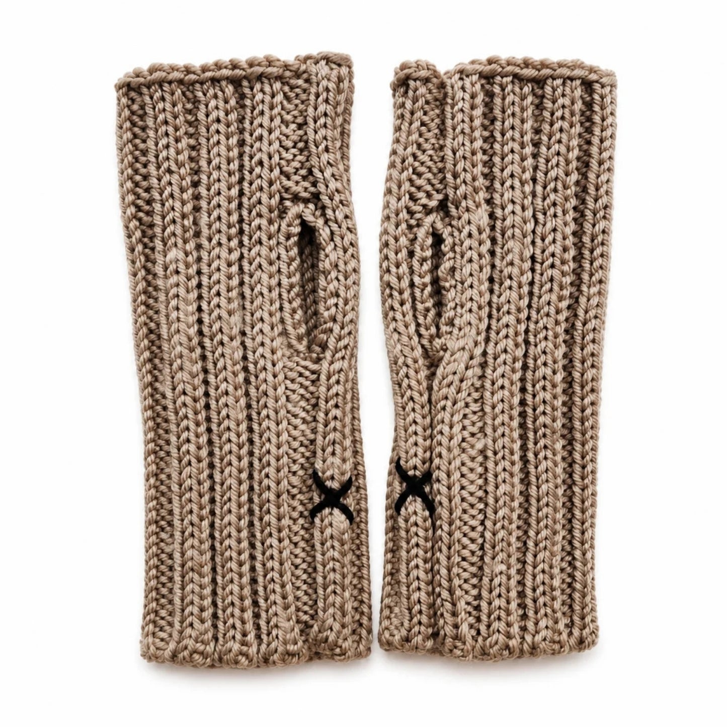 A pair of chunky knit fingerless gloves in a warm taupe-brown color, featuring a vertical ribbed pattern and a small black embroidered X detail near the wrist.