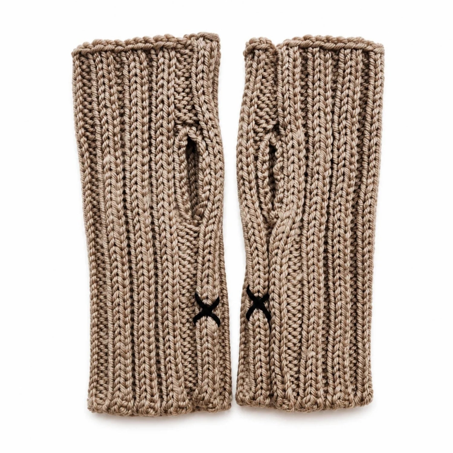 A pair of chunky knit fingerless gloves in a warm taupe-brown color, featuring a vertical ribbed pattern and a small black embroidered X detail near the wrist.