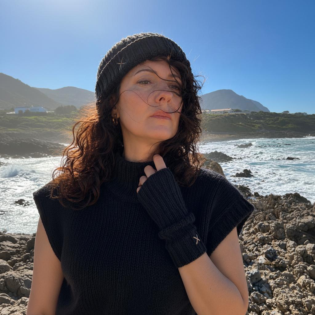 A woman wearing a black ribbed knit beanie, black short-sleeve turtleneck sweater, and matching black fingerless glove stands on a rocky beach with the ocean and mountains in the background.
