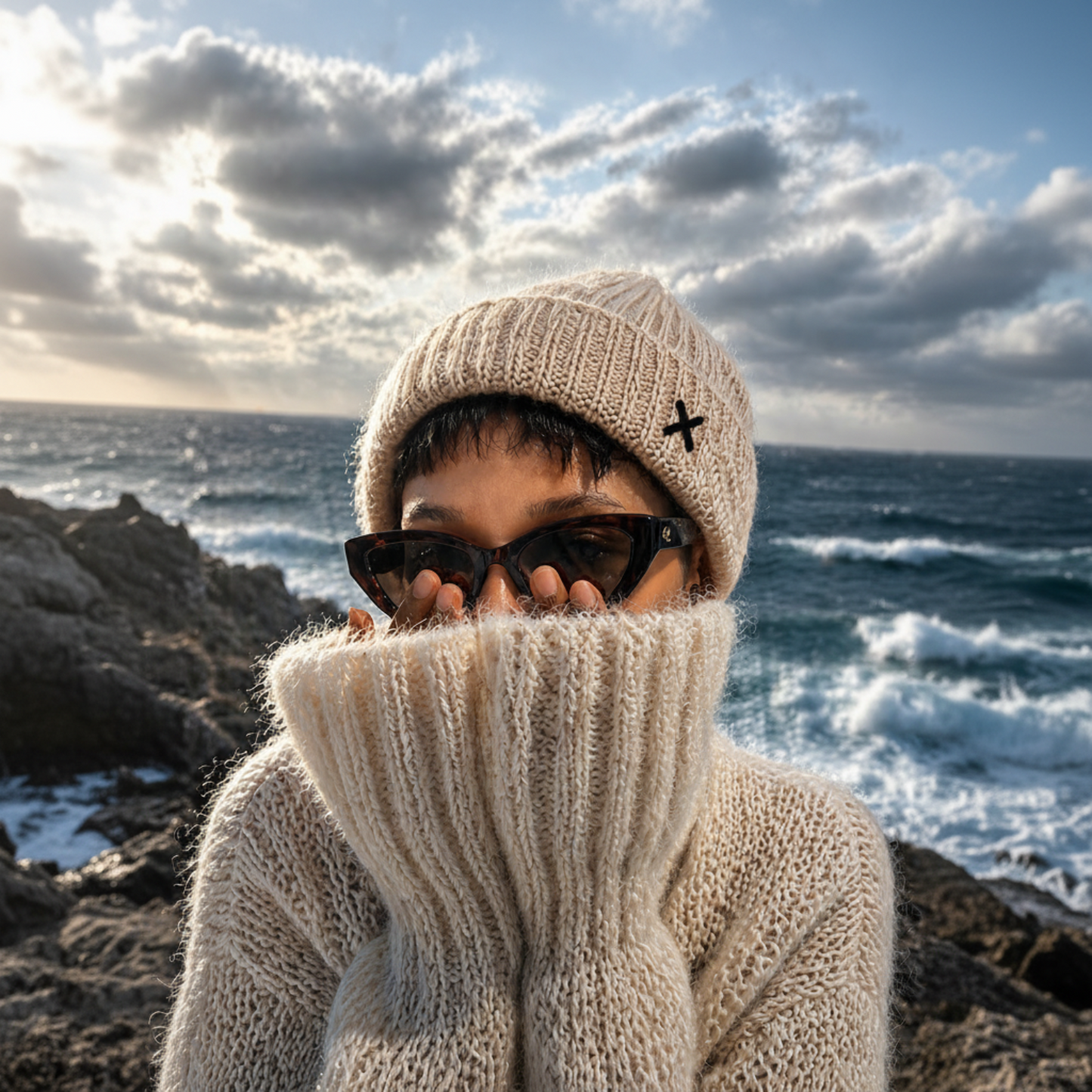 Person wearing a beige knit hat and scarf by the ocean with a cloudy sky.