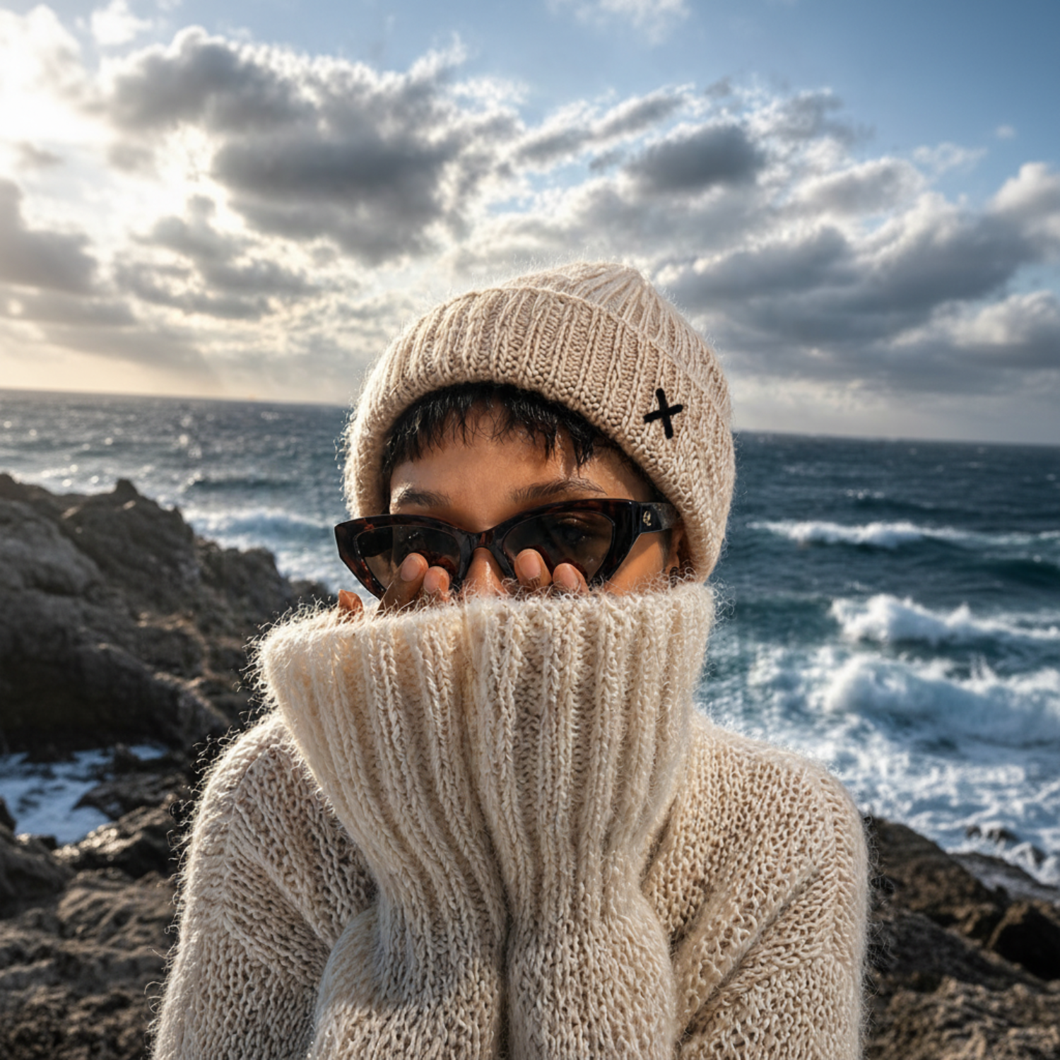 Person wearing a beige knit hat and scarf by the ocean with a cloudy sky.
