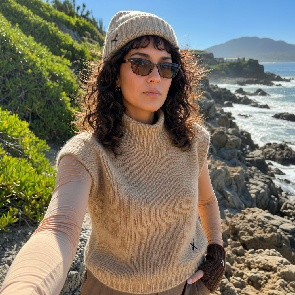 A woman outdoors on a rocky coastal path wearing a ribbed knit beige sleeveless sweater vest, a matching beige beanie, sunglasses, and a brown glove.