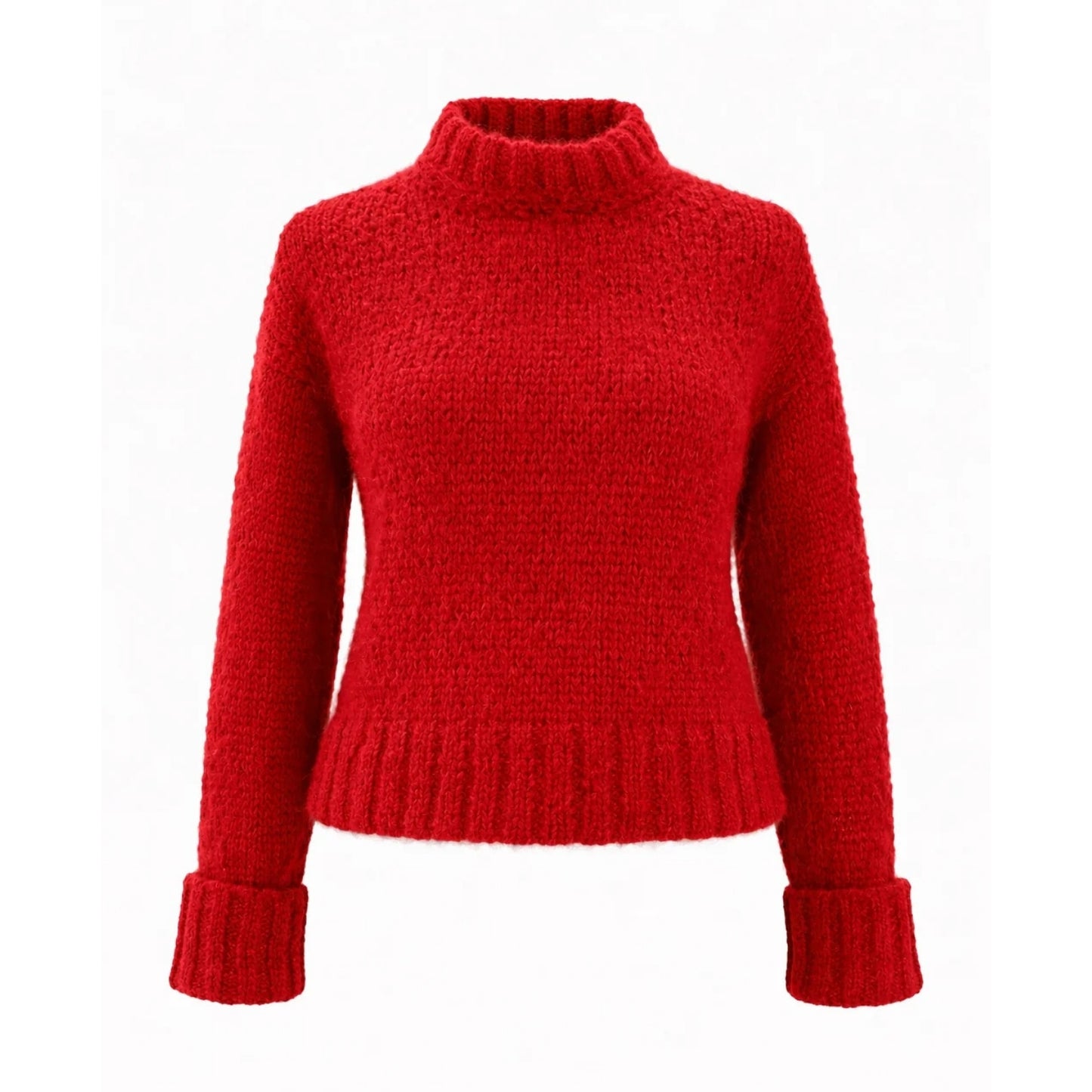 A bright red textured knit mock neck sweater with long sleeves and ribbed cuffs, displayed on a clean white background.