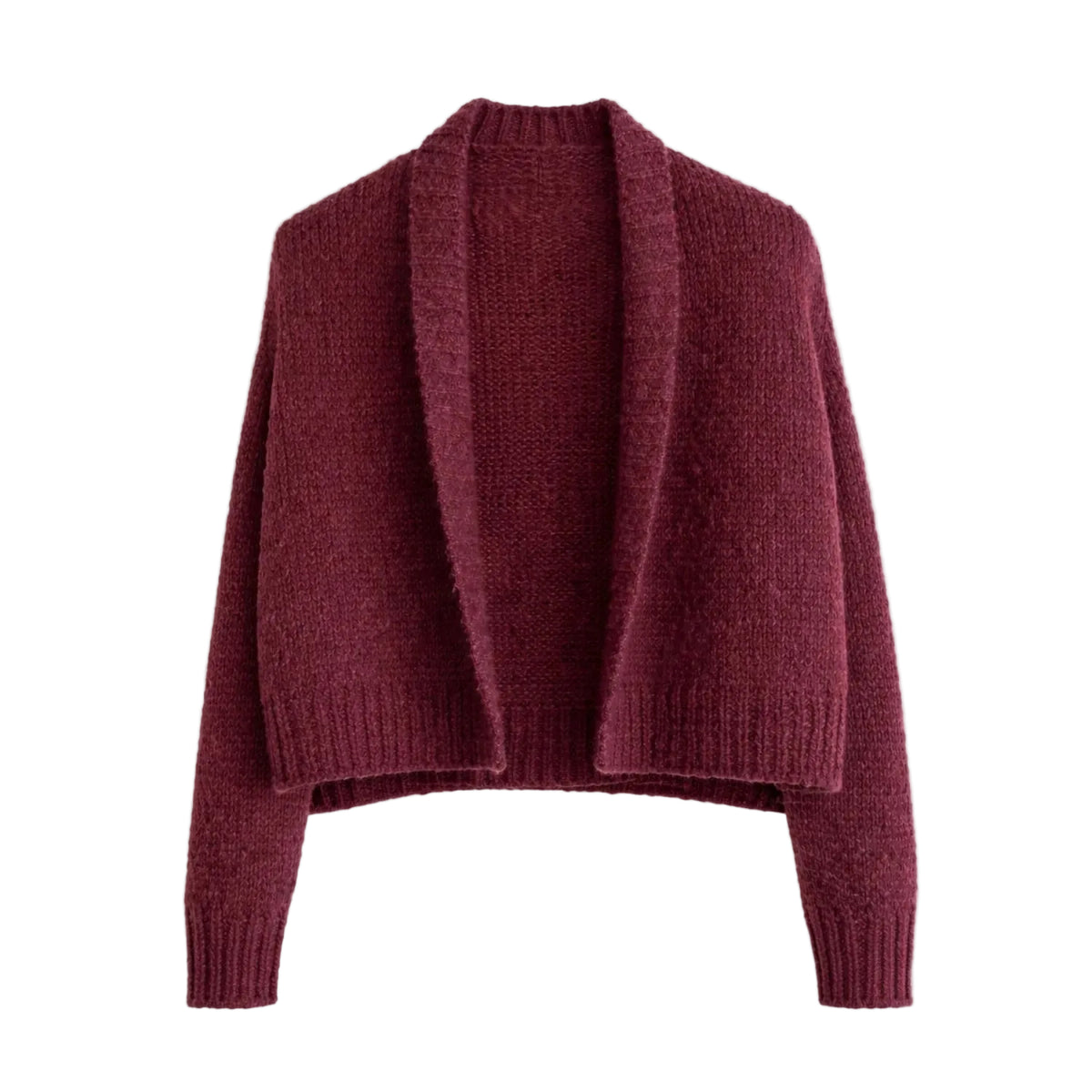 A cropped, open-front knit cardigan in a deep burgundy or maroon color, displayed flat against a clean white background.