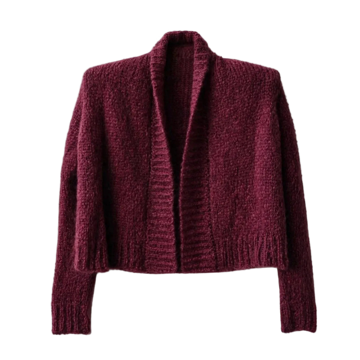 A textured, chunky Mohair knit cardigan in a deep burgundy color, featuring a wide collar, open front, and ribbed cuffs and hem.