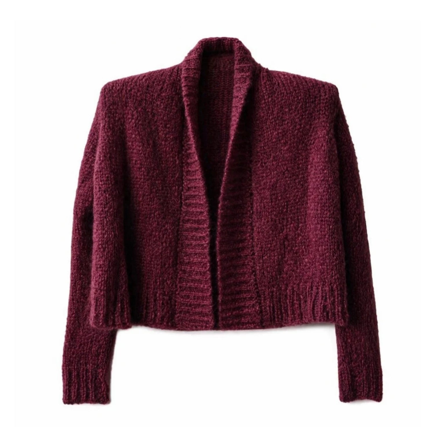 A textured, chunky Mohair knit cardigan in a deep burgundy color, featuring a wide collar, open front, and ribbed cuffs and hem.
