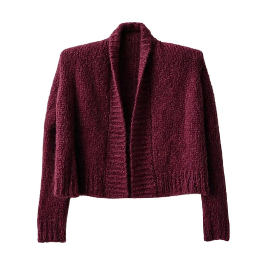 A textured, chunky Mohair knit cardigan in a deep burgundy color, featuring a wide collar, open front, and ribbed cuffs and hem.