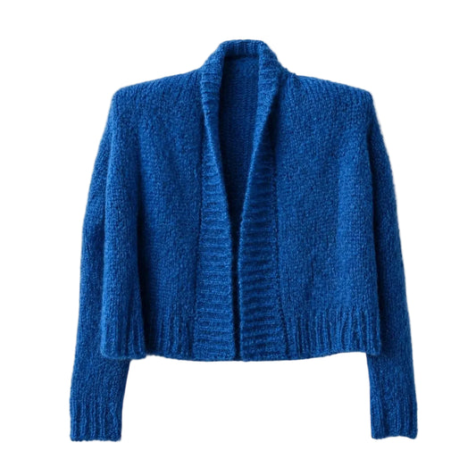 A textured Mohair Teal blue open-front knit cardigan sweater with long sleeves, ribbed trim, and a wide collar.