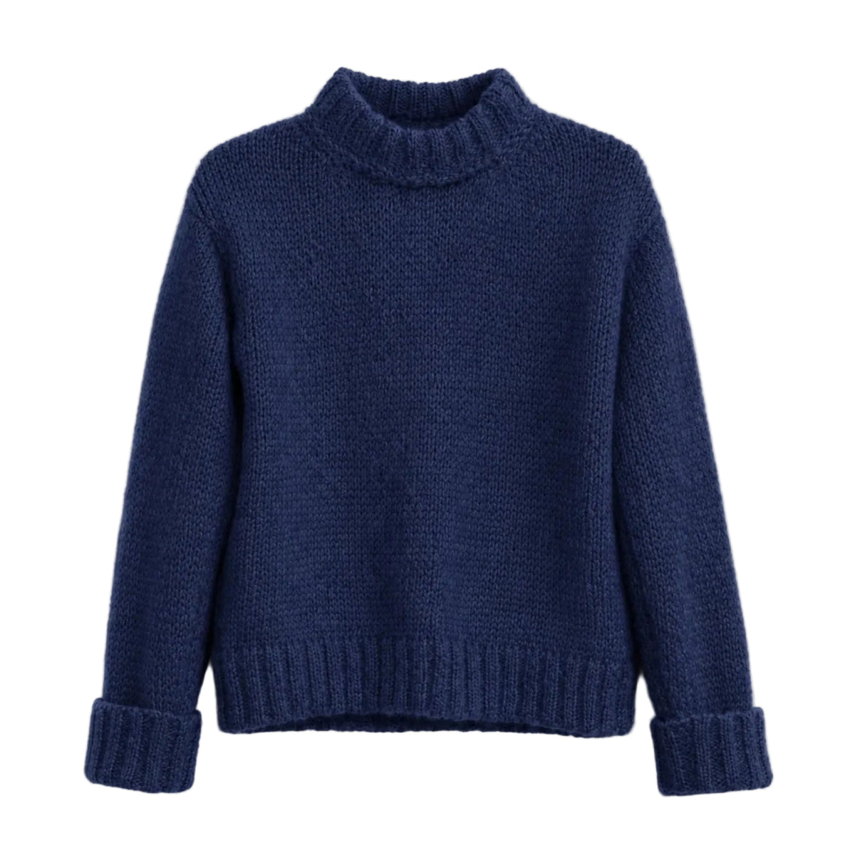 A navy blue chunky Mohair knit mock neck sweater with long sleeves and ribbed cuffs.