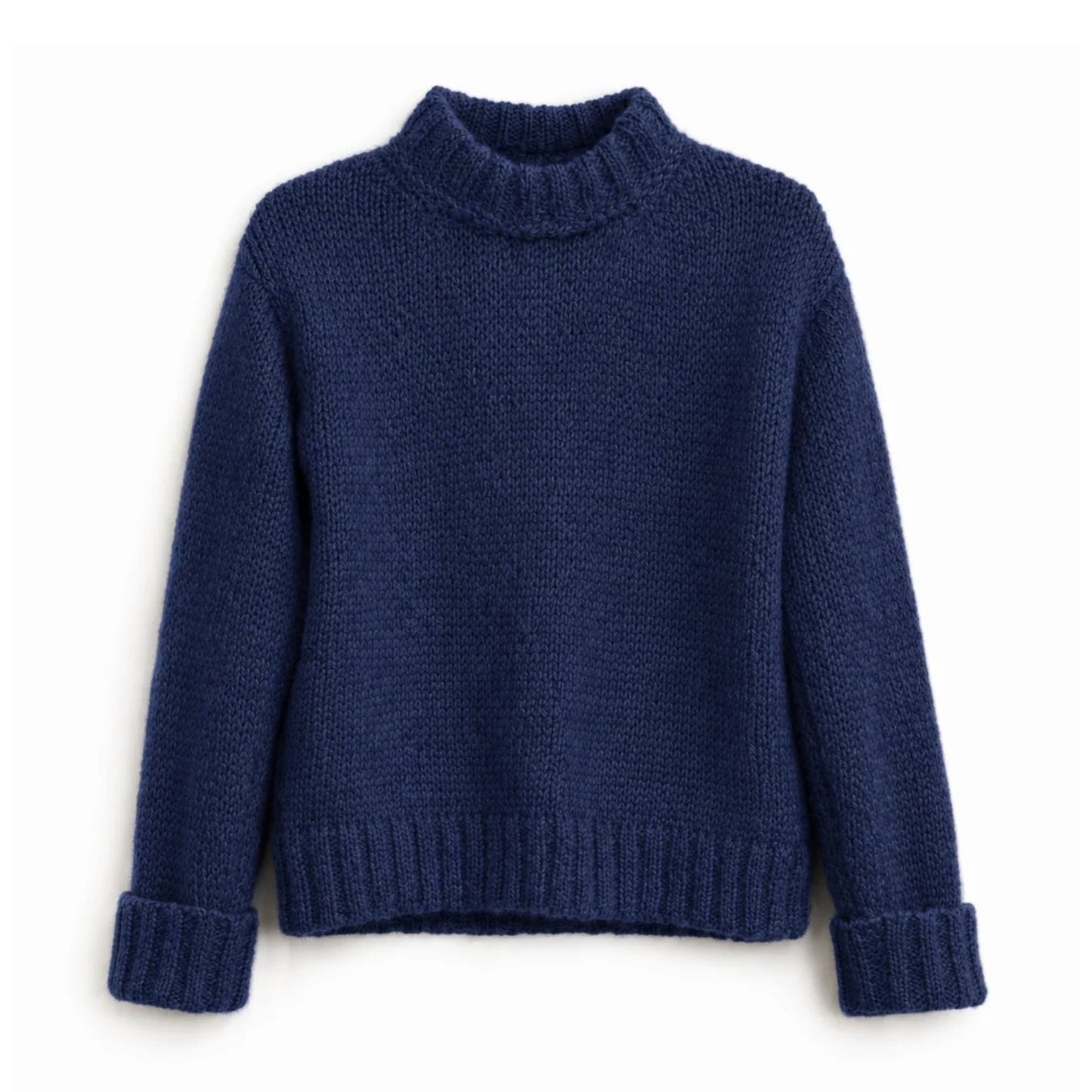 A navy blue chunky Mohair knit mock neck sweater with long sleeves and ribbed cuffs.