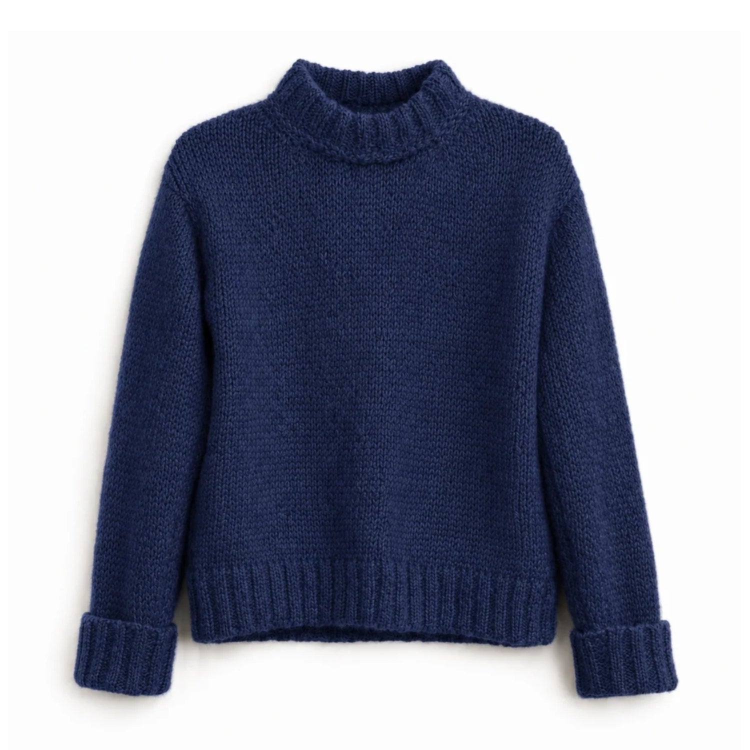 A navy blue chunky Mohair knit mock neck sweater with long sleeves and ribbed cuffs.