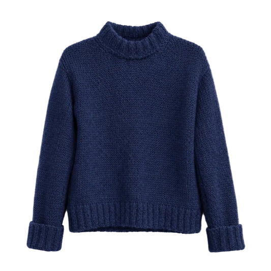 A navy blue chunky Mohair knit mock neck sweater with long sleeves and ribbed cuffs.