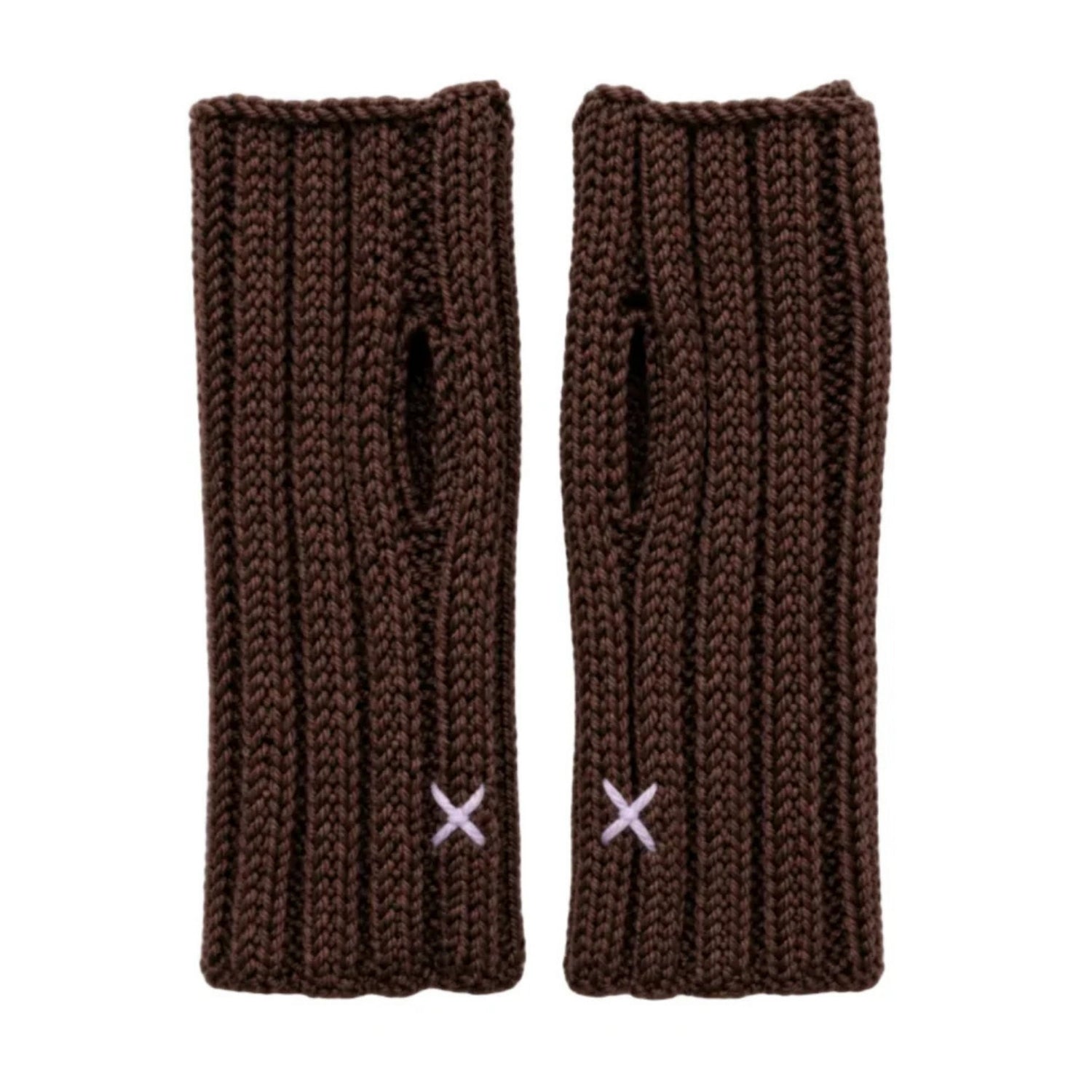 A pair of dark brown ribbed knit leg warmers with cutouts and small white embroidered X's near the bottom.