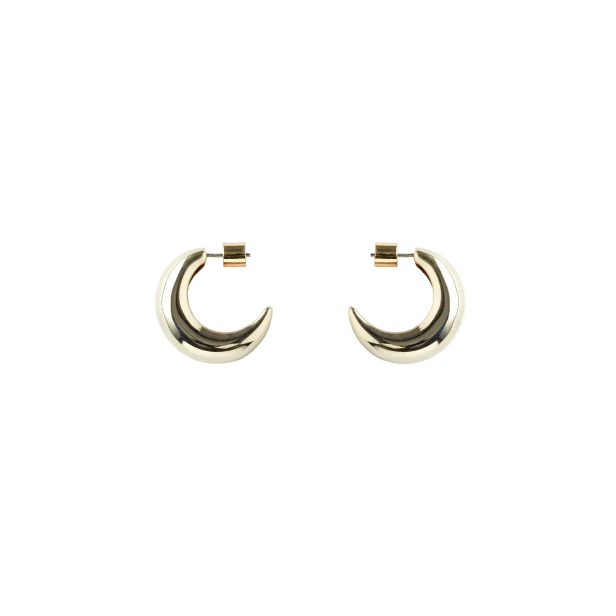 Gold hoop crescent moon earrings on a white background