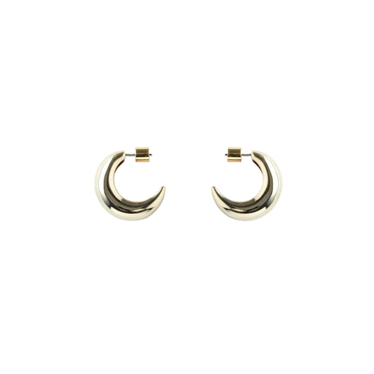 Gold hoop crescent moon earrings on a white background