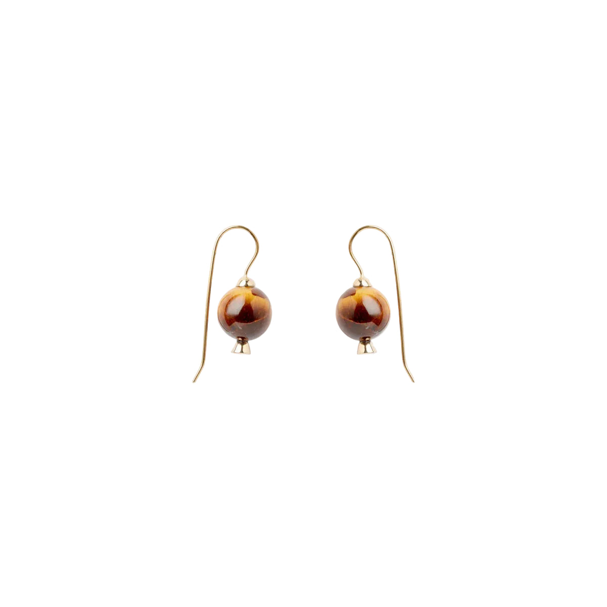 A pair of gold-colored earrings with tiger's eye stones on a white background.