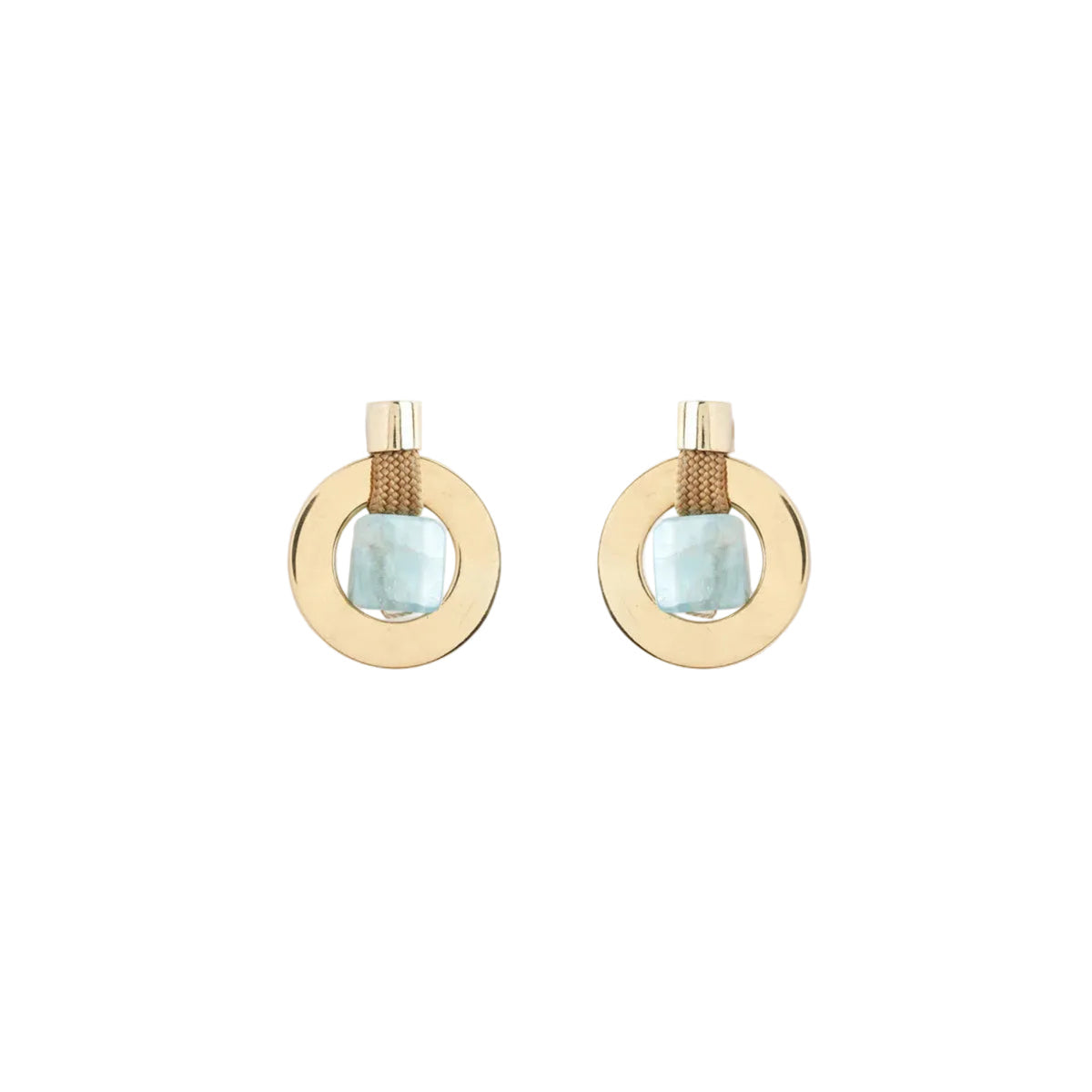 Gold earrings with light blue gemstones on a white background