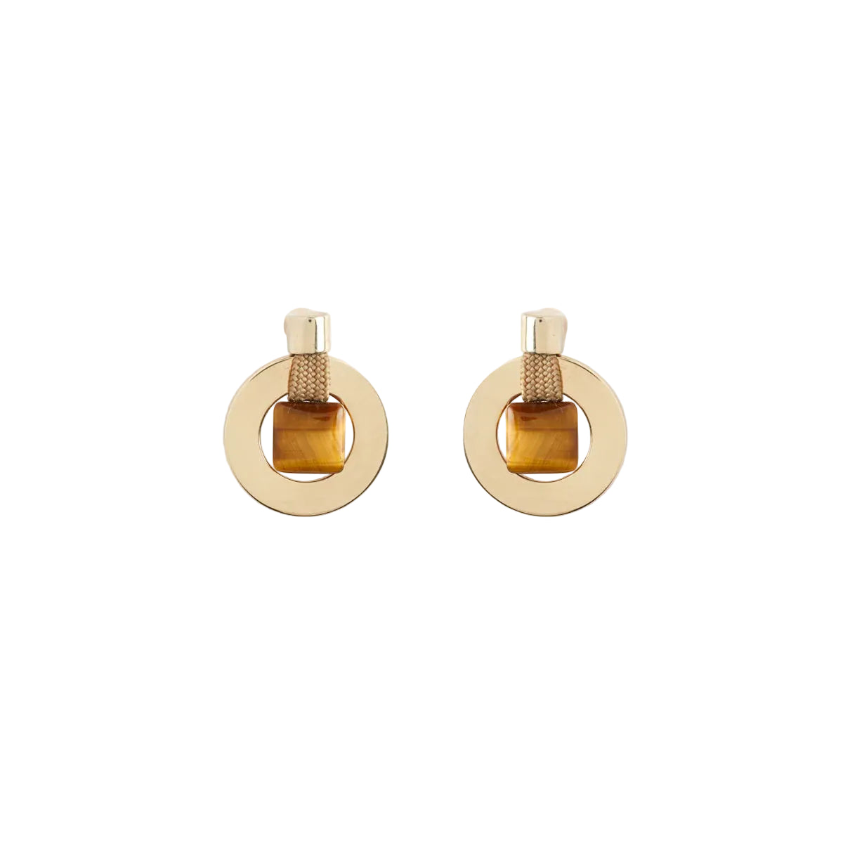 Gold hoop earrings with tiger's eye stones on a white background