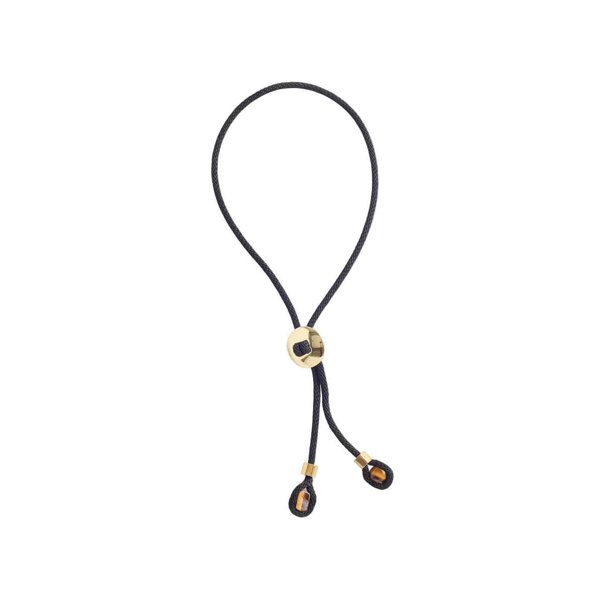 Black cord necklace with gold clasp and tigers eye stone on a white background