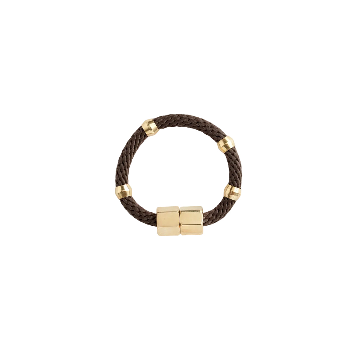 A brown bracelet with brass rings and a magnetic brass clasp on a white background.