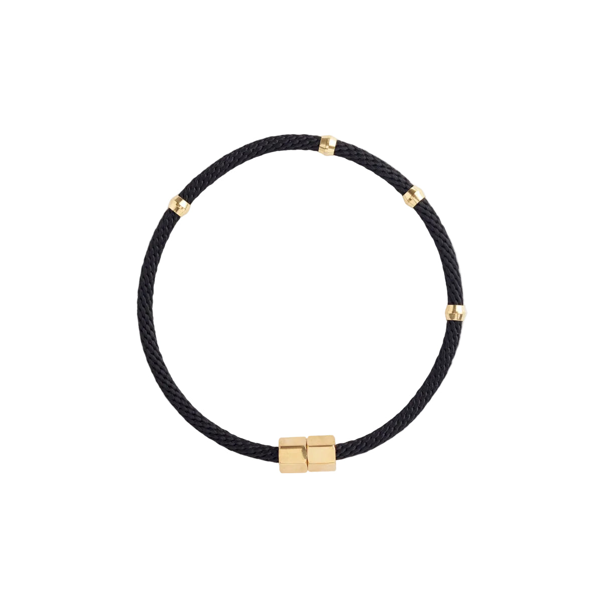 A black choker necklace with brass rings and a magnetic brass clasp.