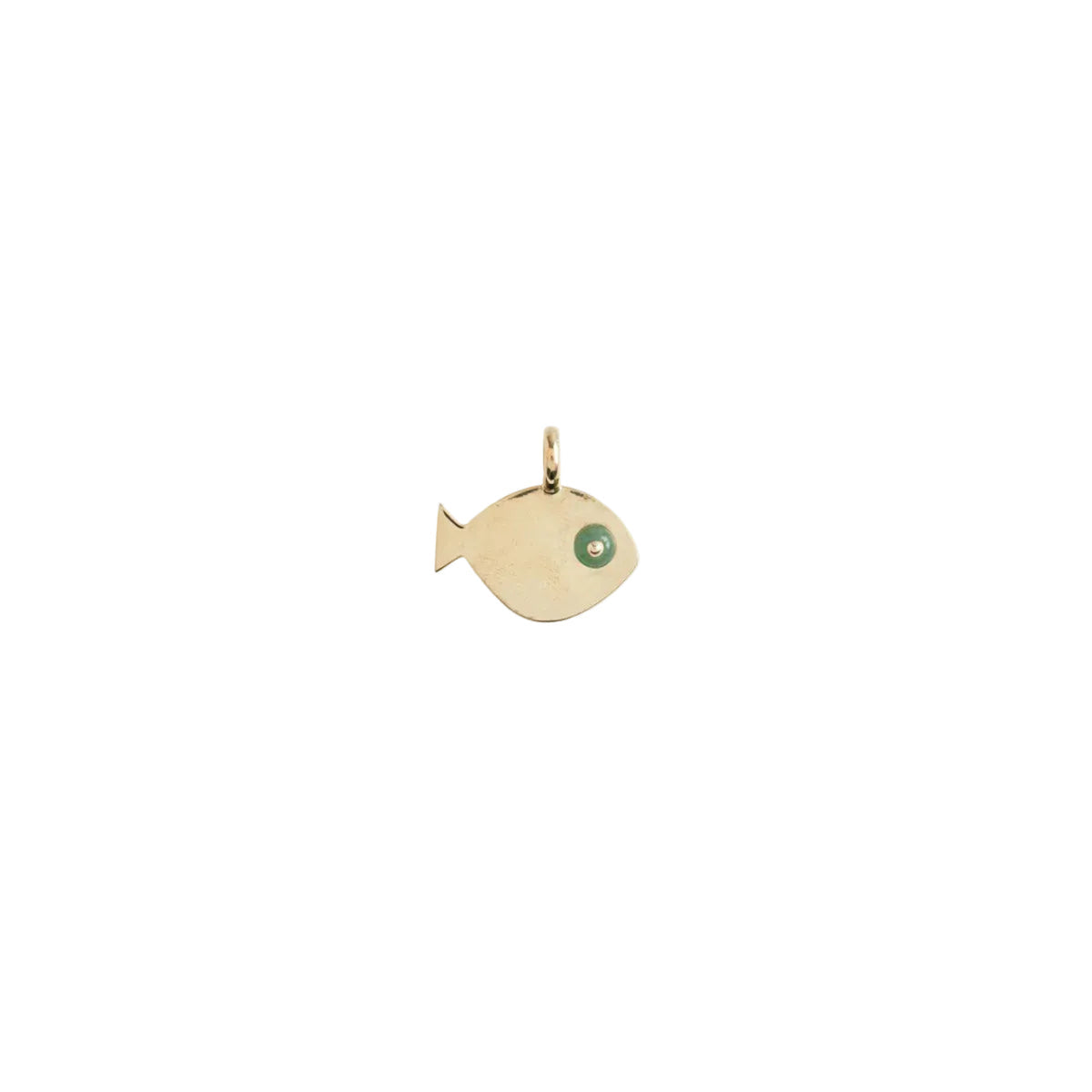 Gold fish-shaped pendant with a green gemstone on a white background