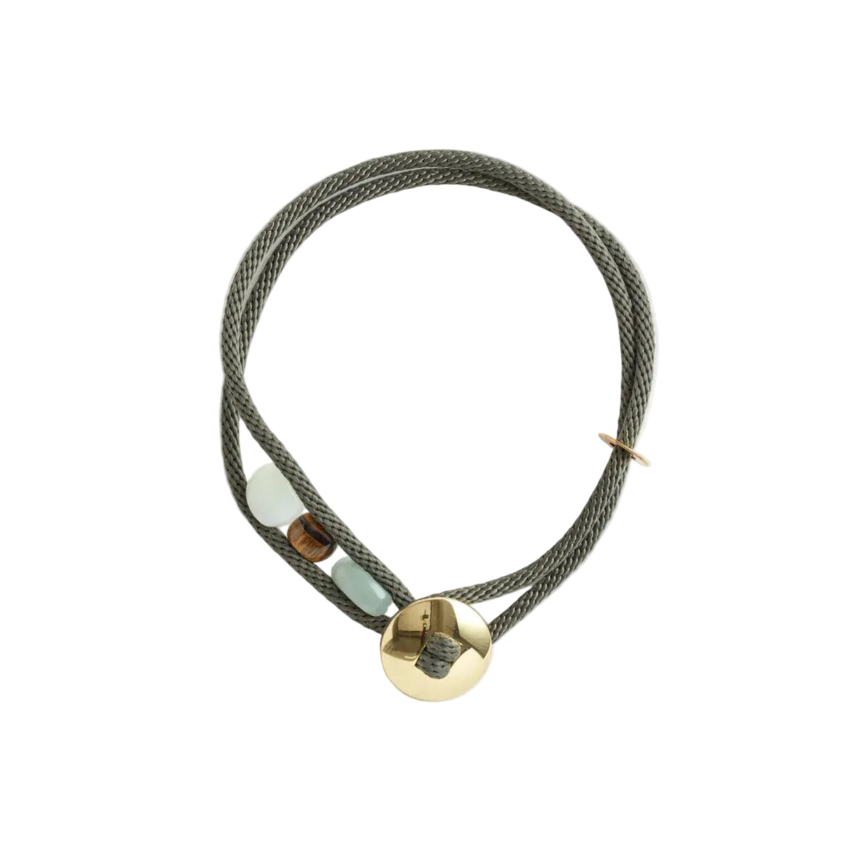 Olive green braided necklace with gold accents on a white background