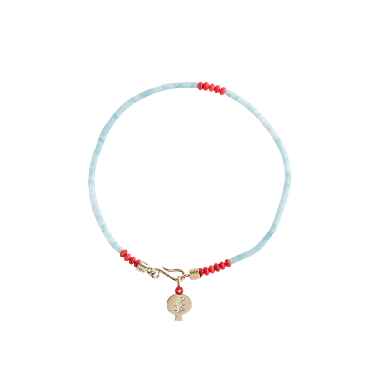 Necklace with red beads and a gold charm on a light blue cord against a white background