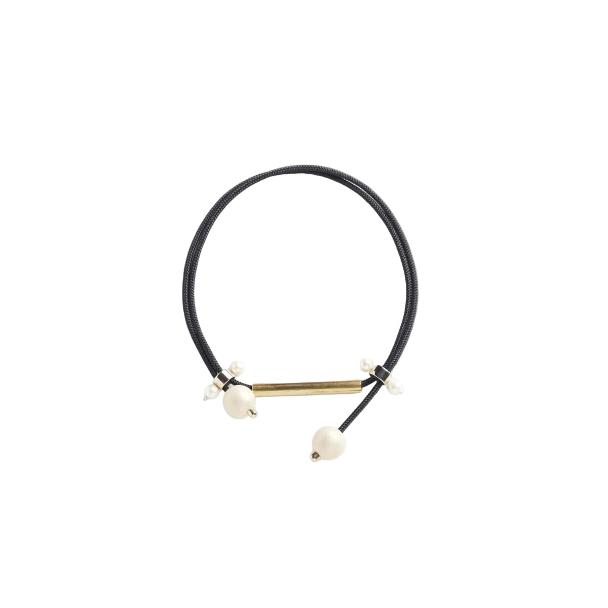 A black adjustable cord necklace with a central gold bar and white bead accents, displayed on a clean white background.