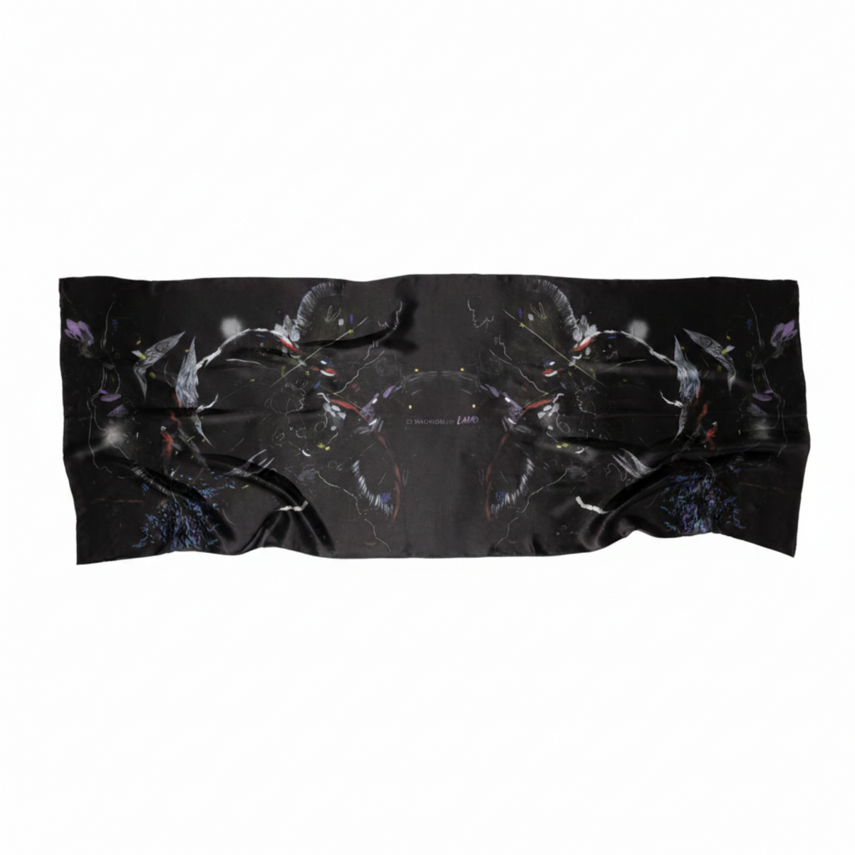 A black rectangular scarf featuring a symmetrical, mirrored graphic print of dark, winged creatures with small red and purple accents, displayed against a solid white background.