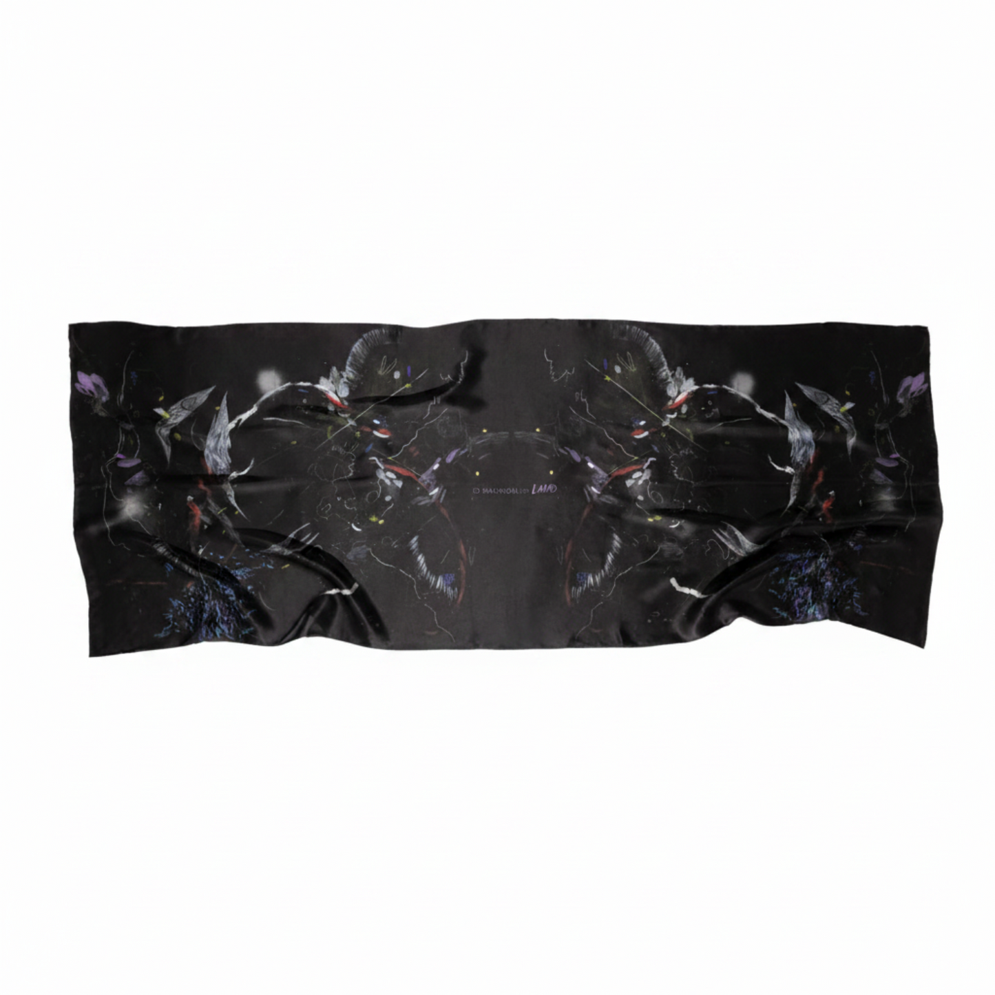 A black rectangular scarf featuring a symmetrical, mirrored graphic print of dark, winged creatures with small red and purple accents, displayed against a solid white background.