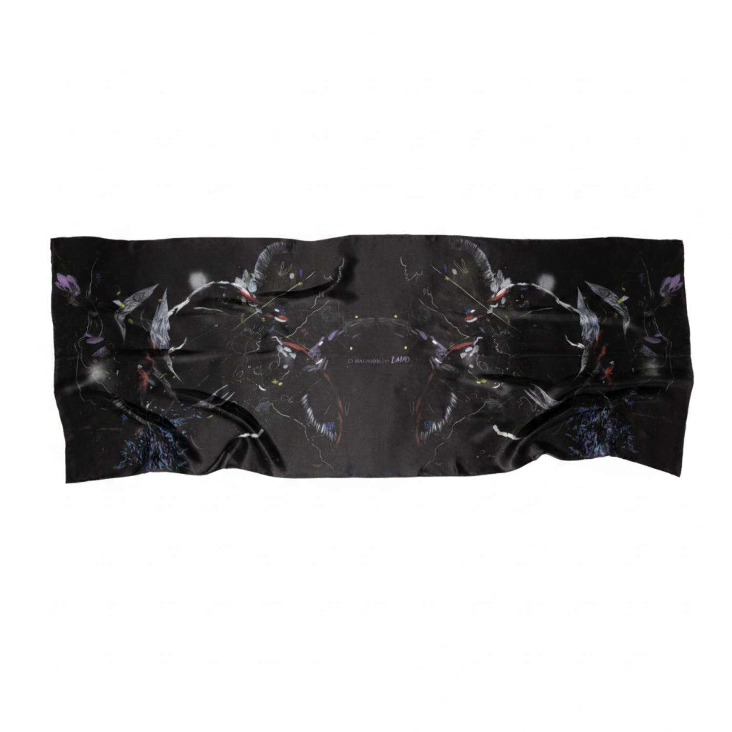 A black rectangular scarf featuring a symmetrical, mirrored graphic print of dark, winged creatures with small red and purple accents, displayed against a solid white background.