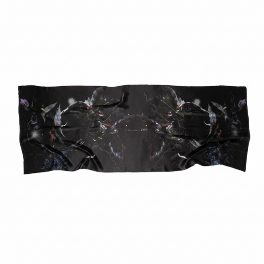A black rectangular scarf featuring a symmetrical, mirrored graphic print of dark, winged creatures with small red and purple accents, displayed against a solid white background.