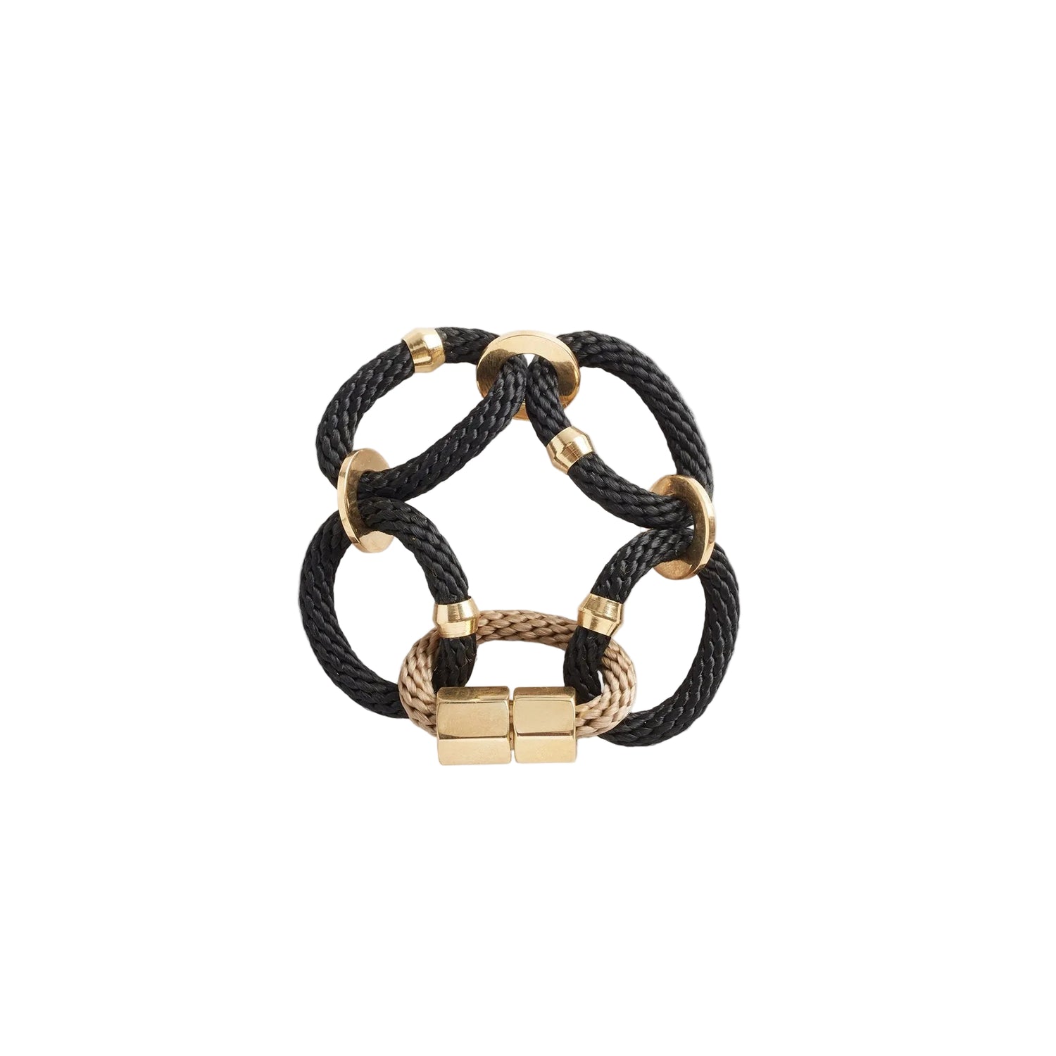 A black and gold bracelet with thin rope and brass end clasps, designed by PICHULIK.