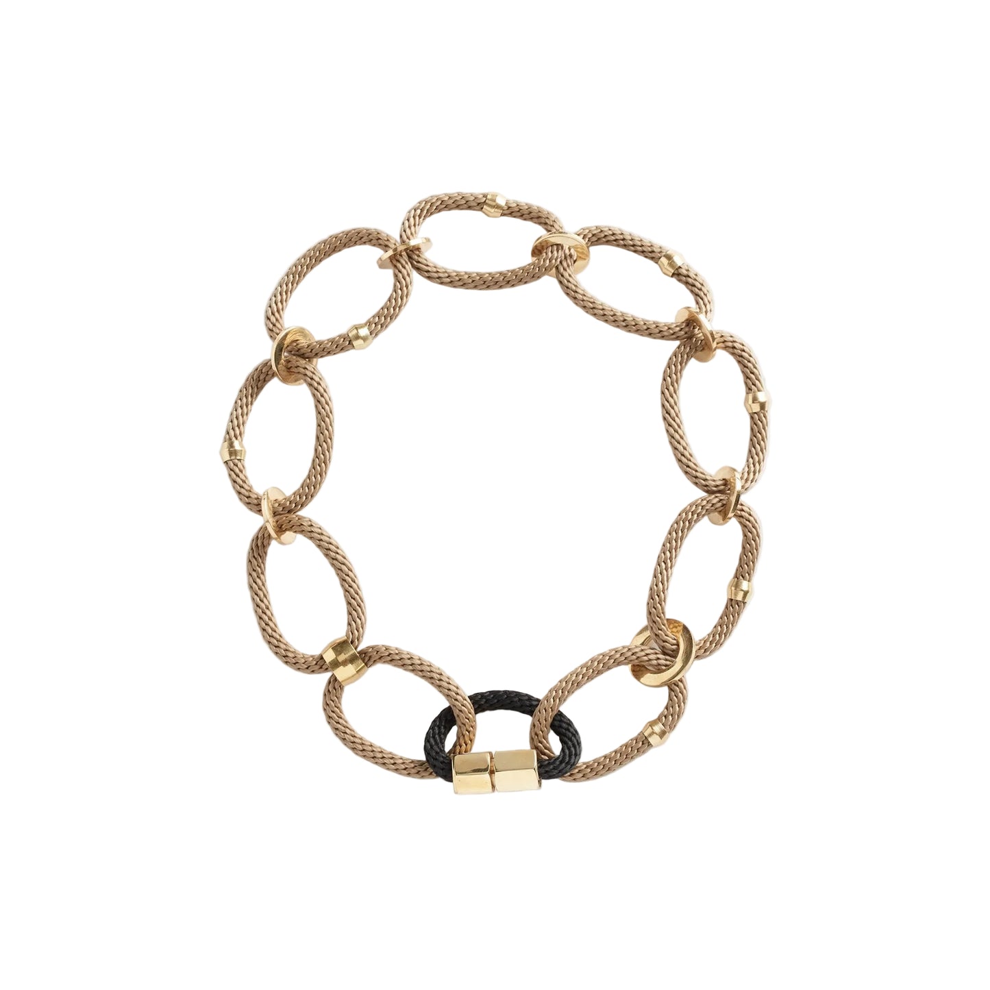 A gold-toned chain-link bracelet with oval links, small bead accents, and a black elastic band with a gold clasp, shown on a plain white background.