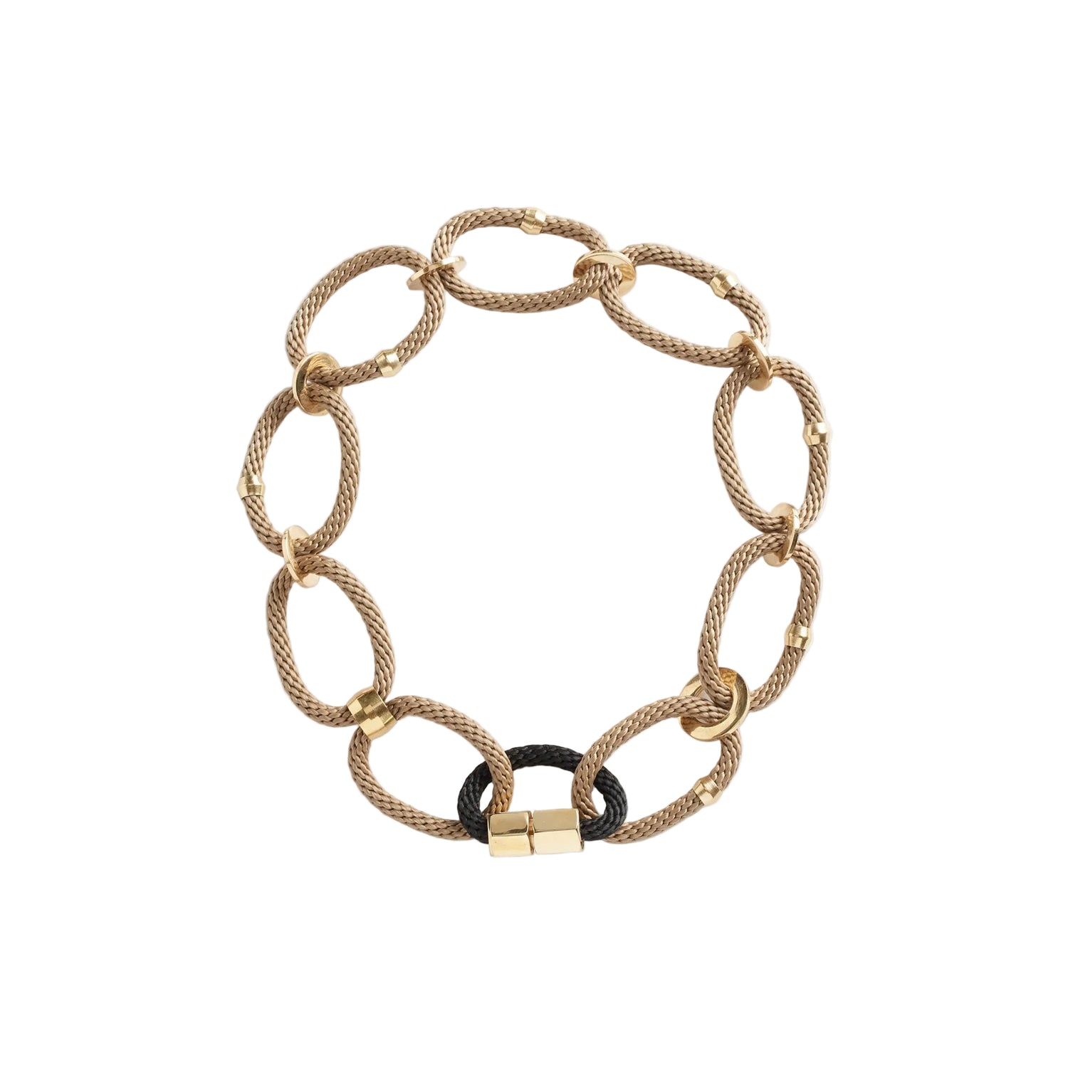 A gold-toned chain-link bracelet with oval links, small bead accents, and a black elastic band with a gold clasp, shown on a plain white background.