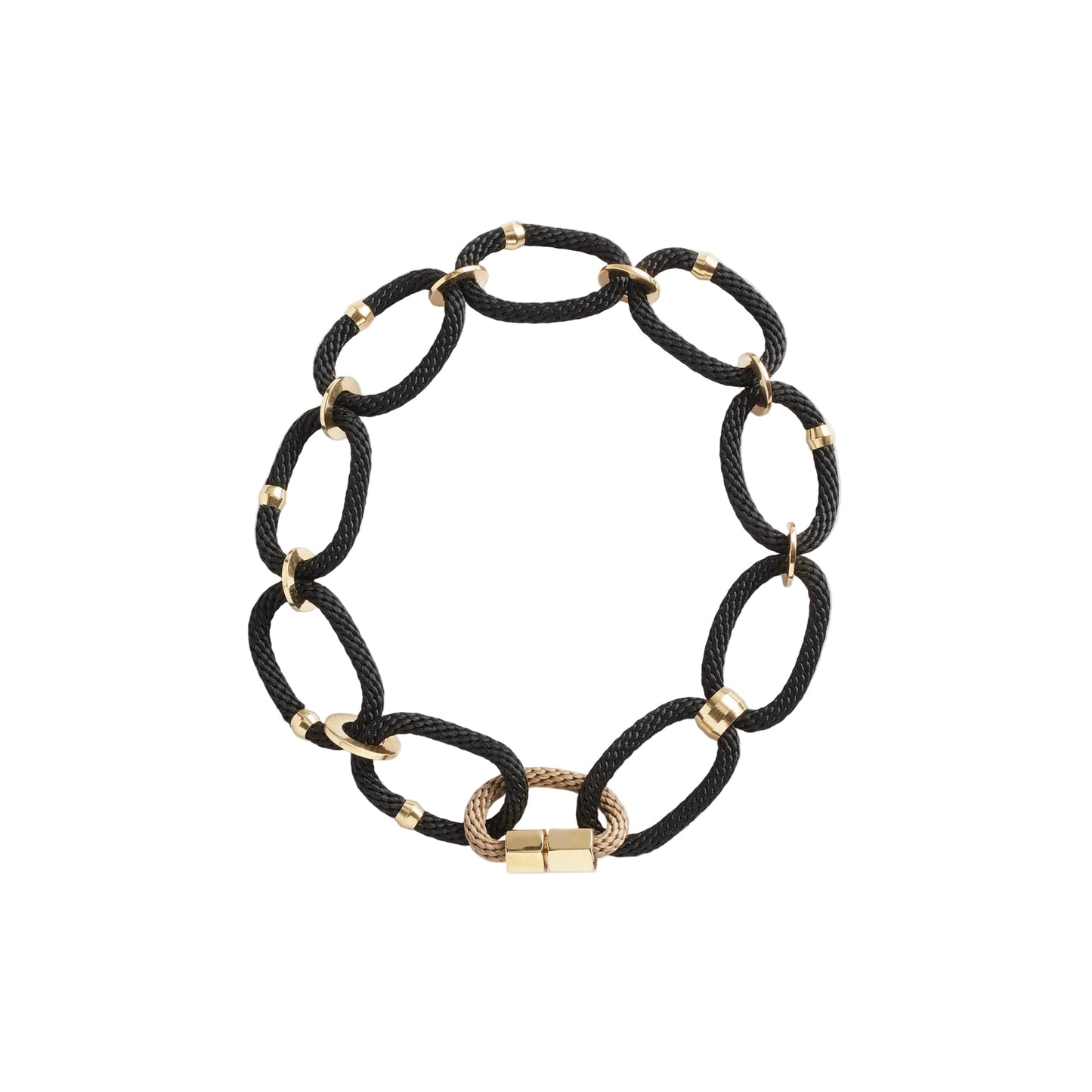 A black braided chain link bracelet with polished gold-toned metal accents and a matching gold clasp, displayed on a clean white background.