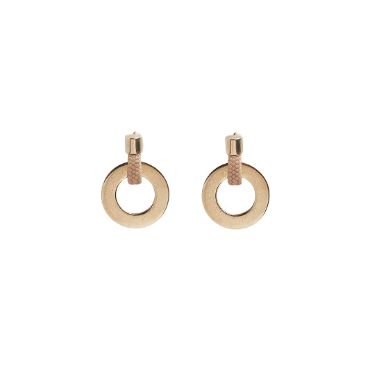 A pair of minimalist gold-tone hoop earrings with a textured rose gold post, shown on a plain white background.
