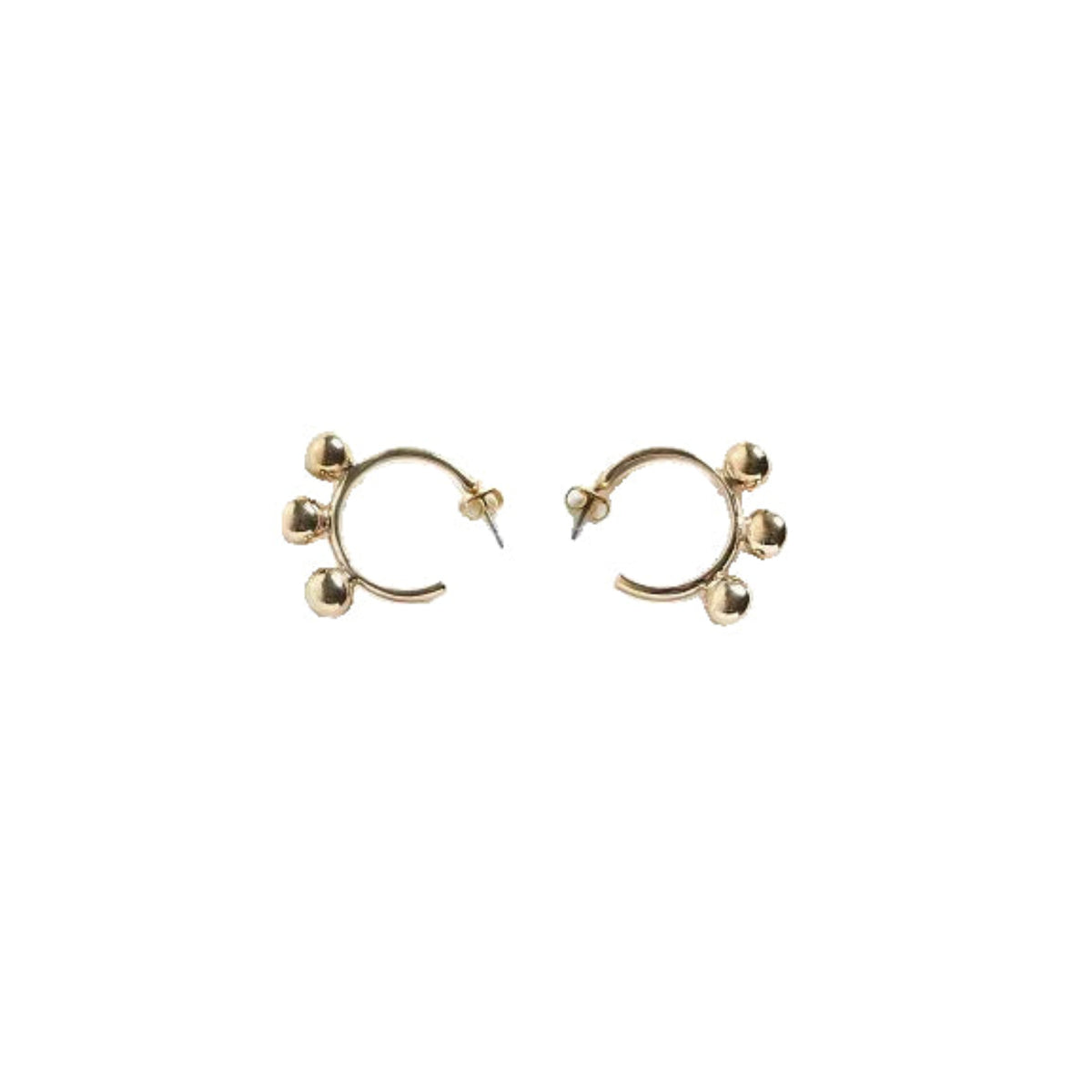A pair of gold-colored custom brass hoop earrings with titanium pins on a white background.