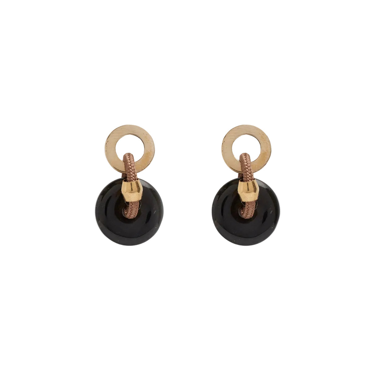 A pair of modern drop earrings featuring a round black disc, a textured rose gold loop, and a matching rose gold connector with a small gold accent, shown on a plain white background.