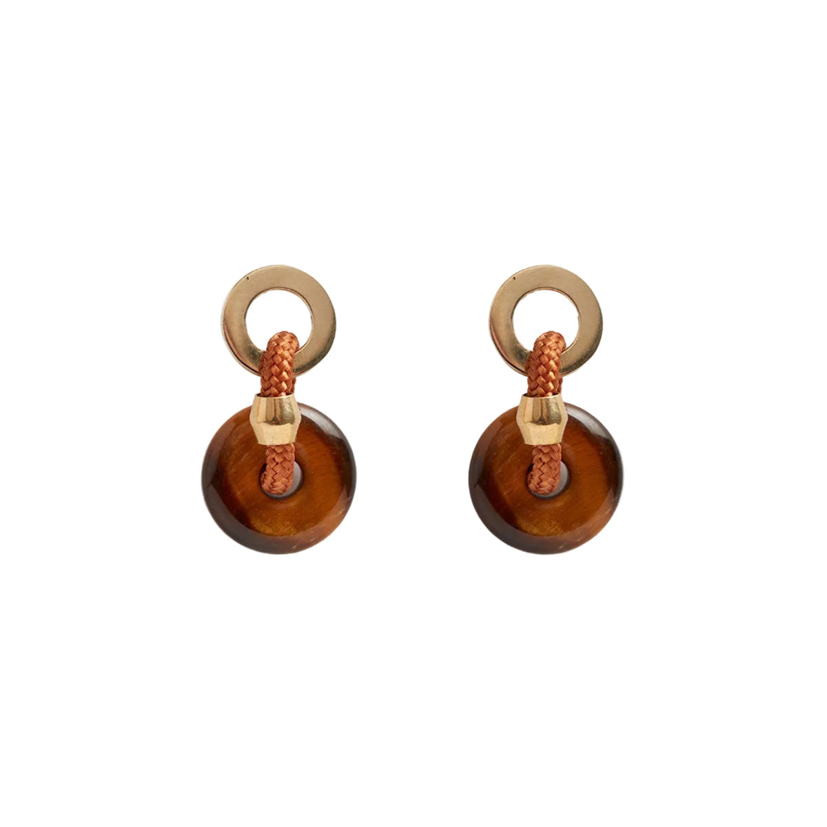 A pair of drop earrings featuring polished brown circular discs, gold-tone rings, and braided orange cords, displayed on a solid white background.