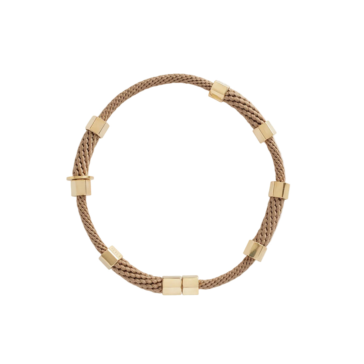A person wearing a beige choker necklace with brass caps and a textured rope design.